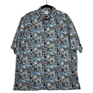 Go Barefoot Aloha Shirt Men's XL Blue Tropical Floral Canoe Paddle Ukulele Ipu